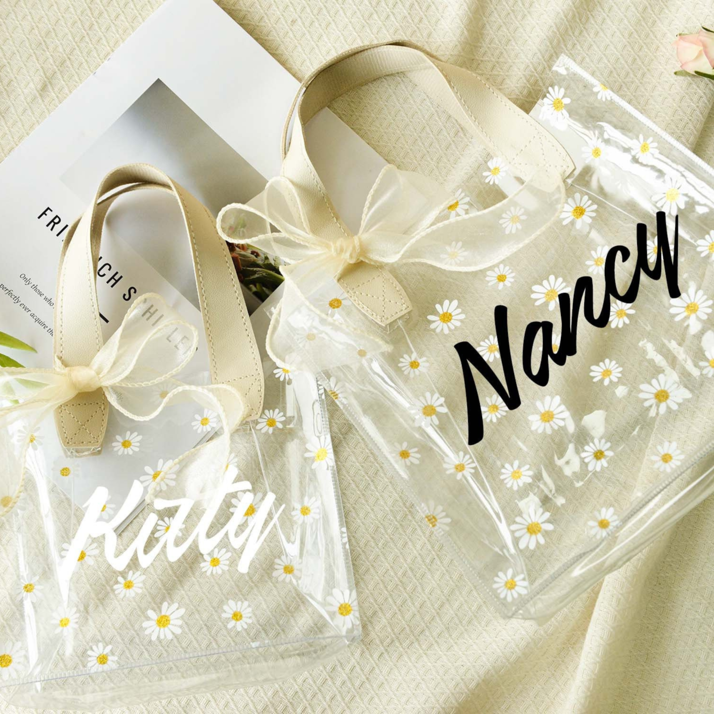 Personalized Transparent Daisy Gift Bag with Ribbon | JNSBag46