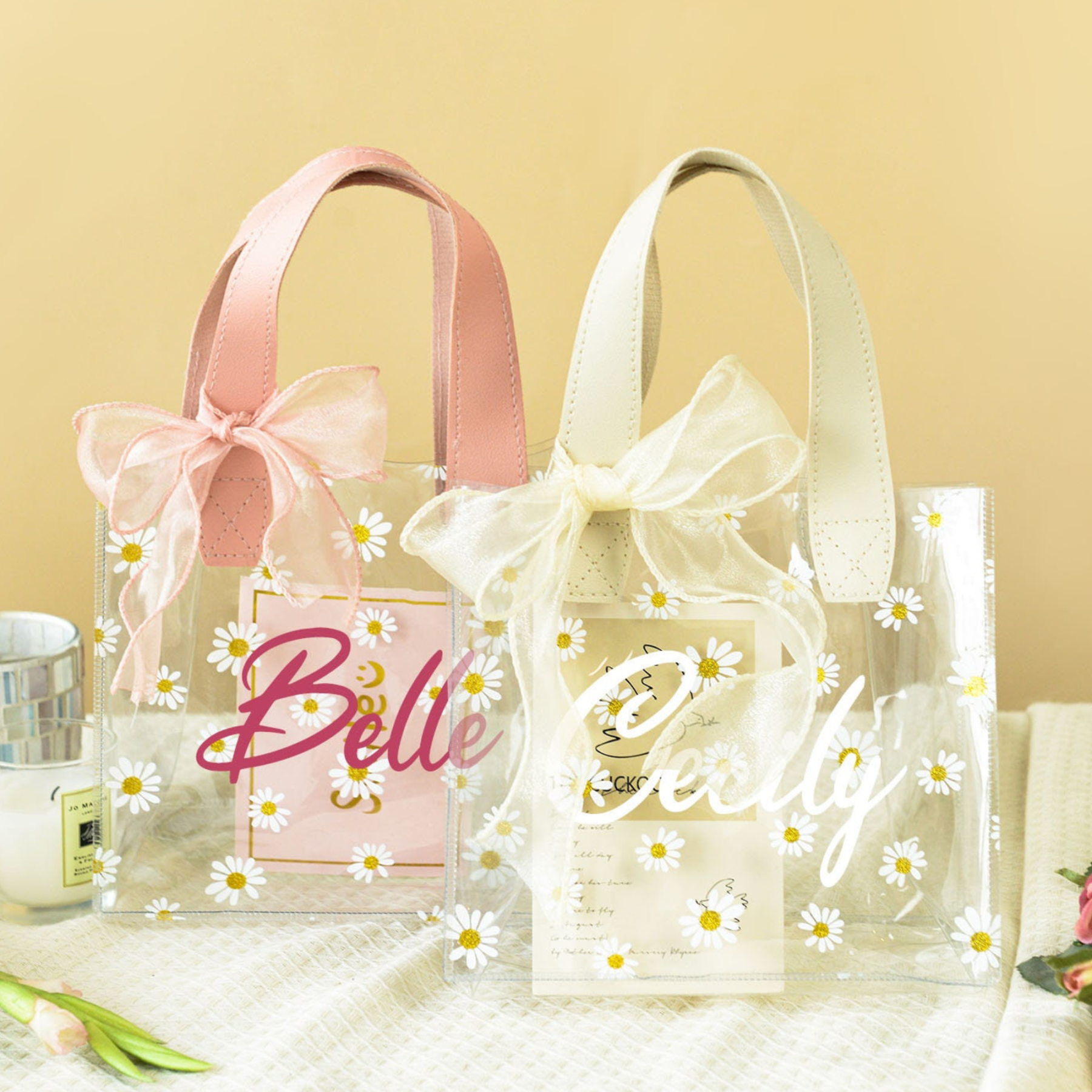 Personalized Transparent Daisy Gift Bag with Ribbon | JNSBag46