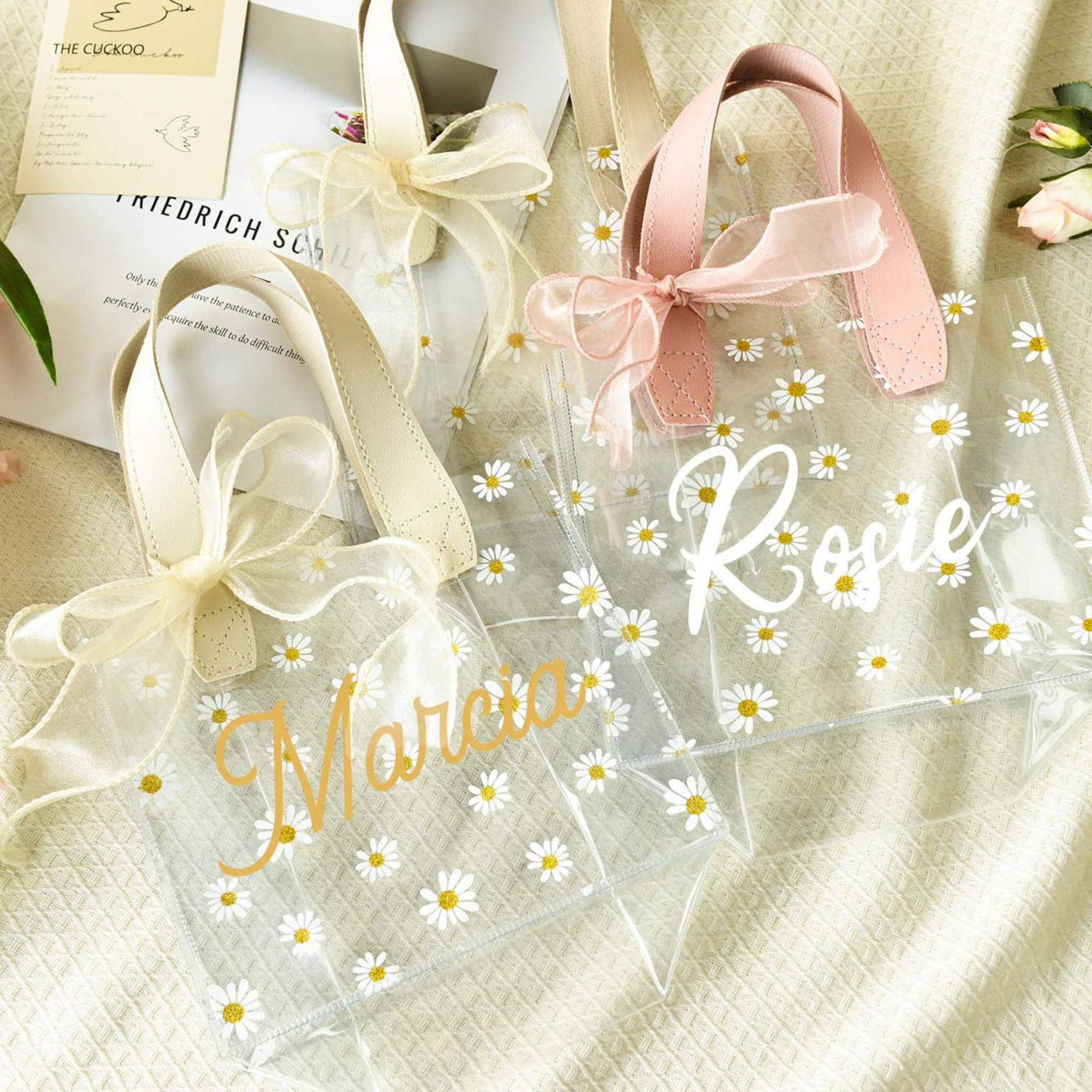 Personalized Transparent Daisy Gift Bag with Ribbon | JNSBag46