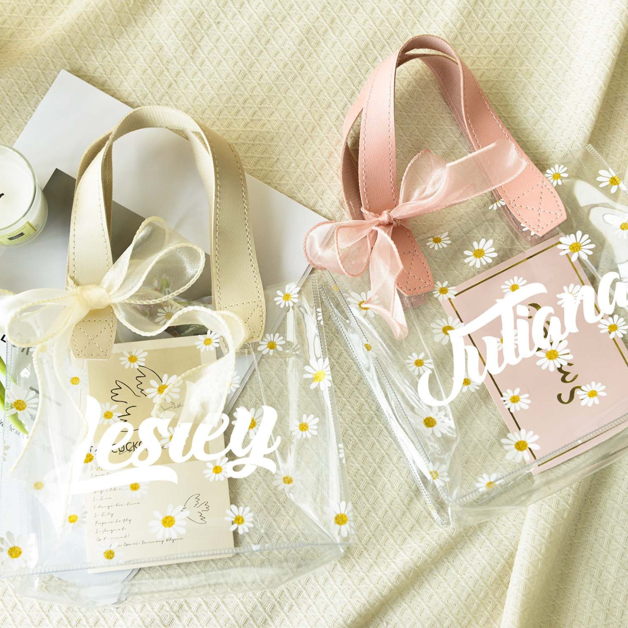 Personalized Transparent Daisy Gift Bag with Ribbon | JNSBag46