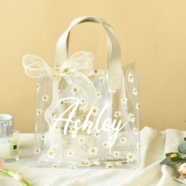 Personalized Transparent Daisy Gift Bag with Ribbon | JNSBag46