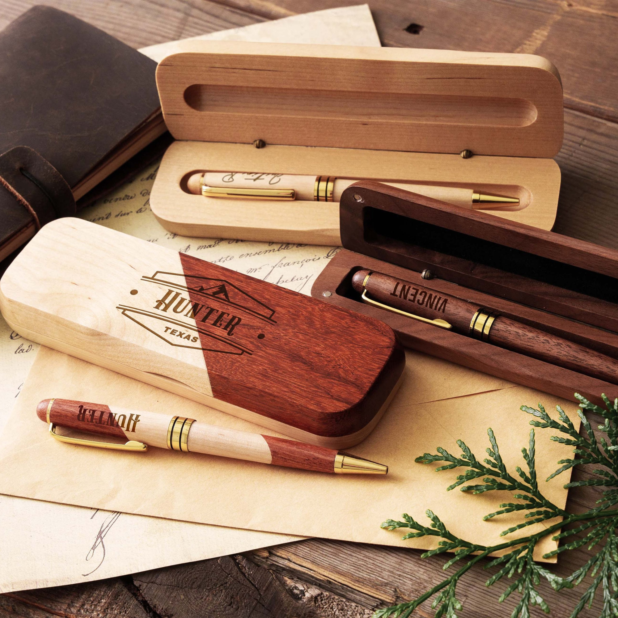 Personalized Monogram Wood Engraved Pen Set | JNSDec94