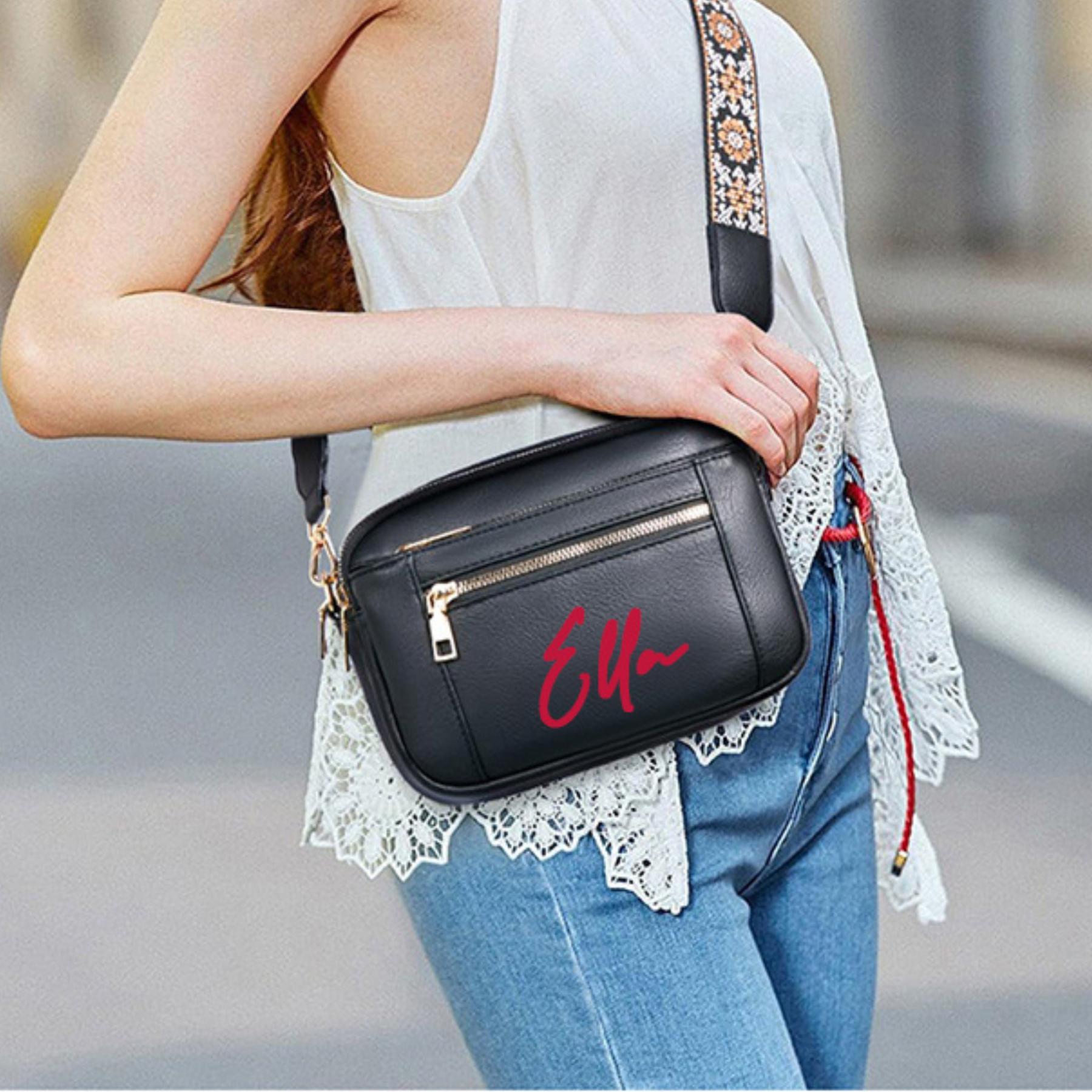 Personalized Name Leather Crossbody Bag with Colorful Straps for Unique & Love | JNSBag73