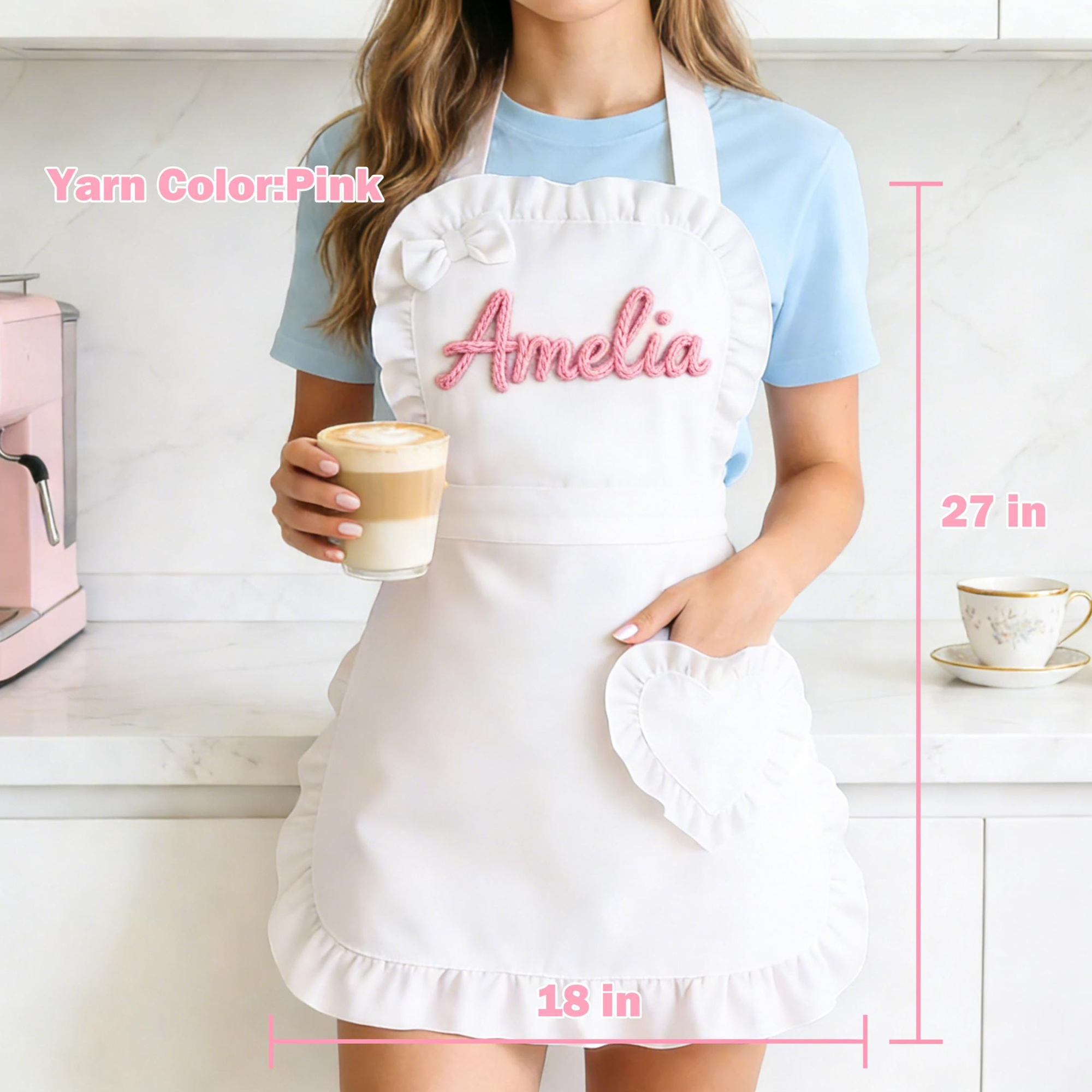 Personalized Hand Embroidered Apron With Ruffled Heart Pocket | JNSCloth63