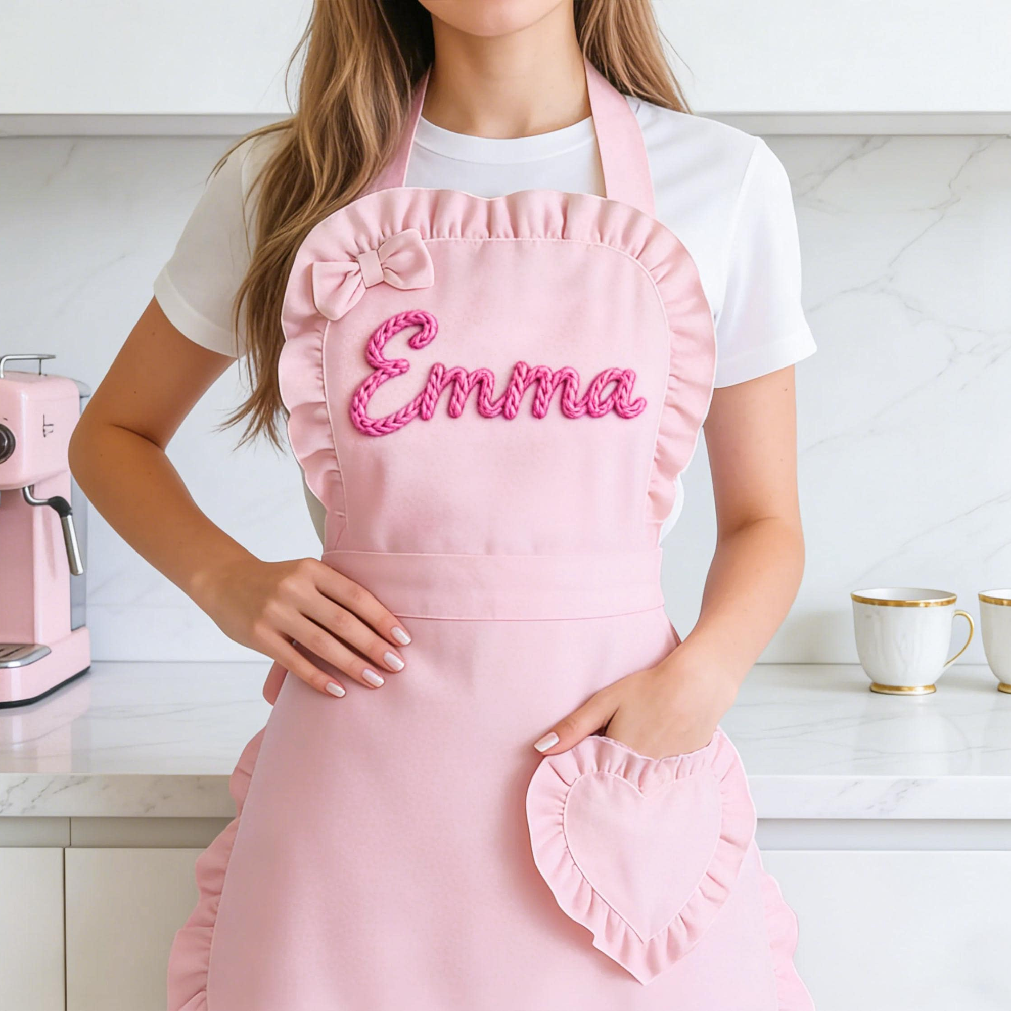 Personalized Hand Embroidered Apron With Ruffled Heart Pocket | JNSCloth63