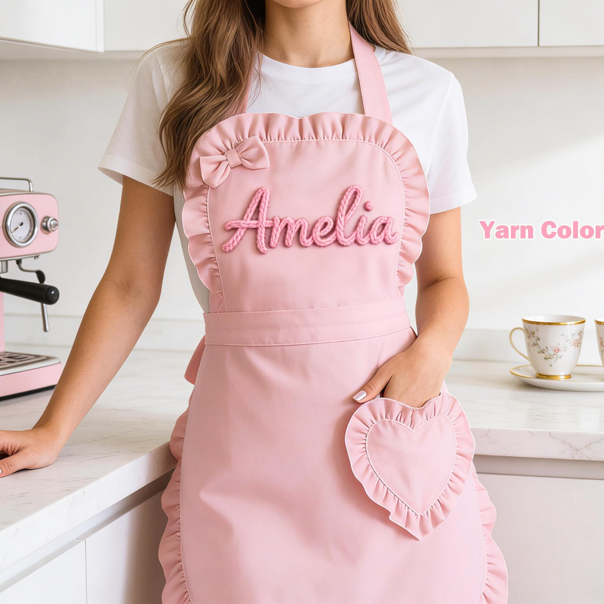 Personalized Hand Embroidered Apron With Ruffled Heart Pocket | JNSCloth63