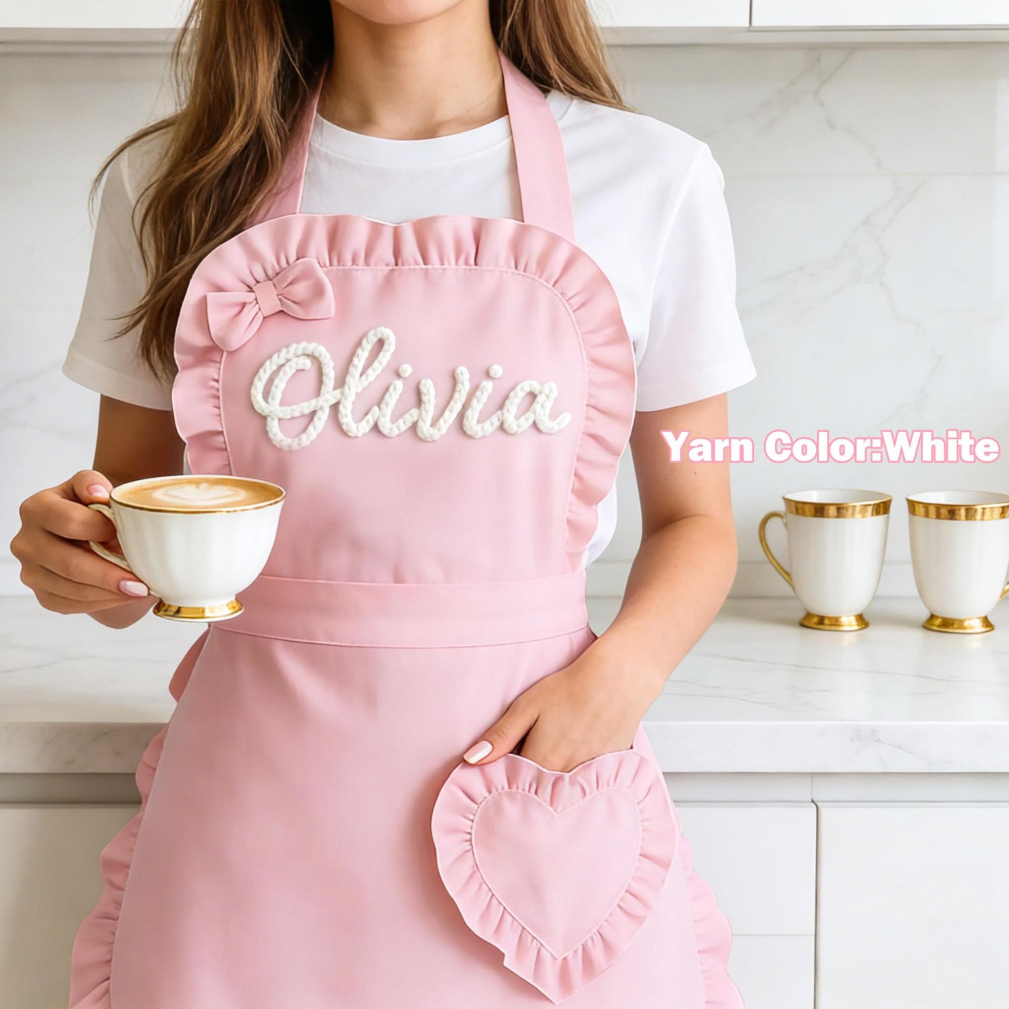 Personalized Hand Embroidered Apron With Ruffled Heart Pocket | JNSCloth63