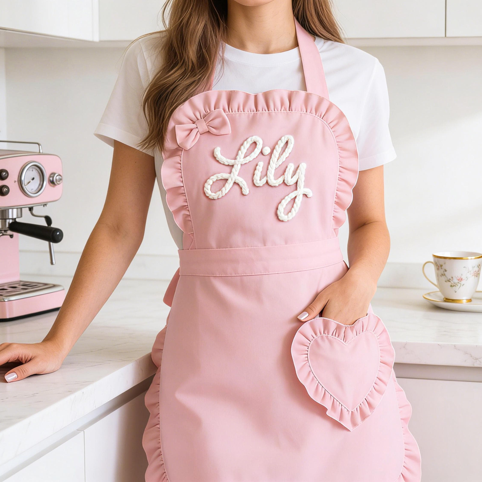 Personalized Hand Embroidered Apron With Ruffled Heart Pocket | JNSCloth63