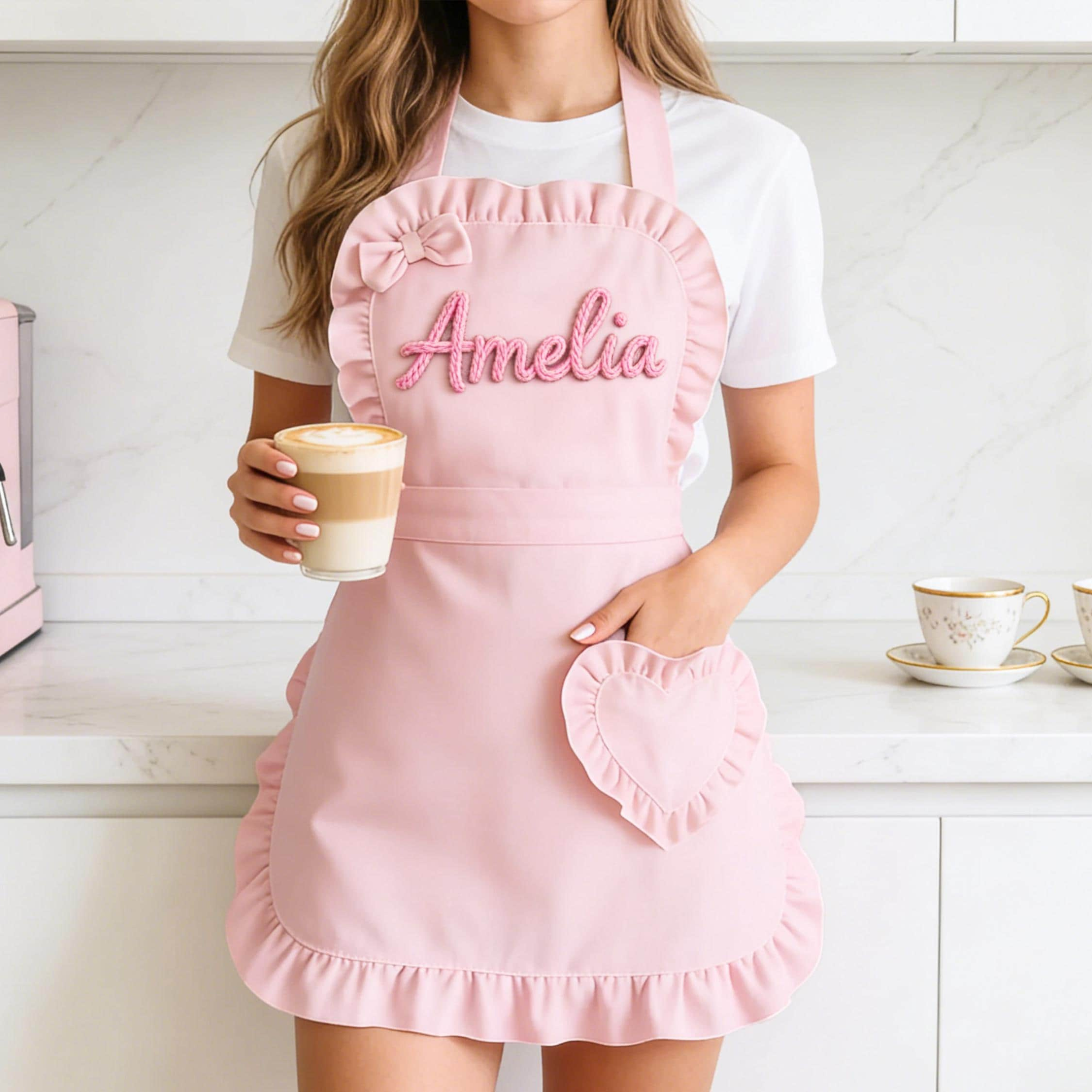 Personalized Hand Embroidered Apron With Ruffled Heart Pocket | JNSCloth63