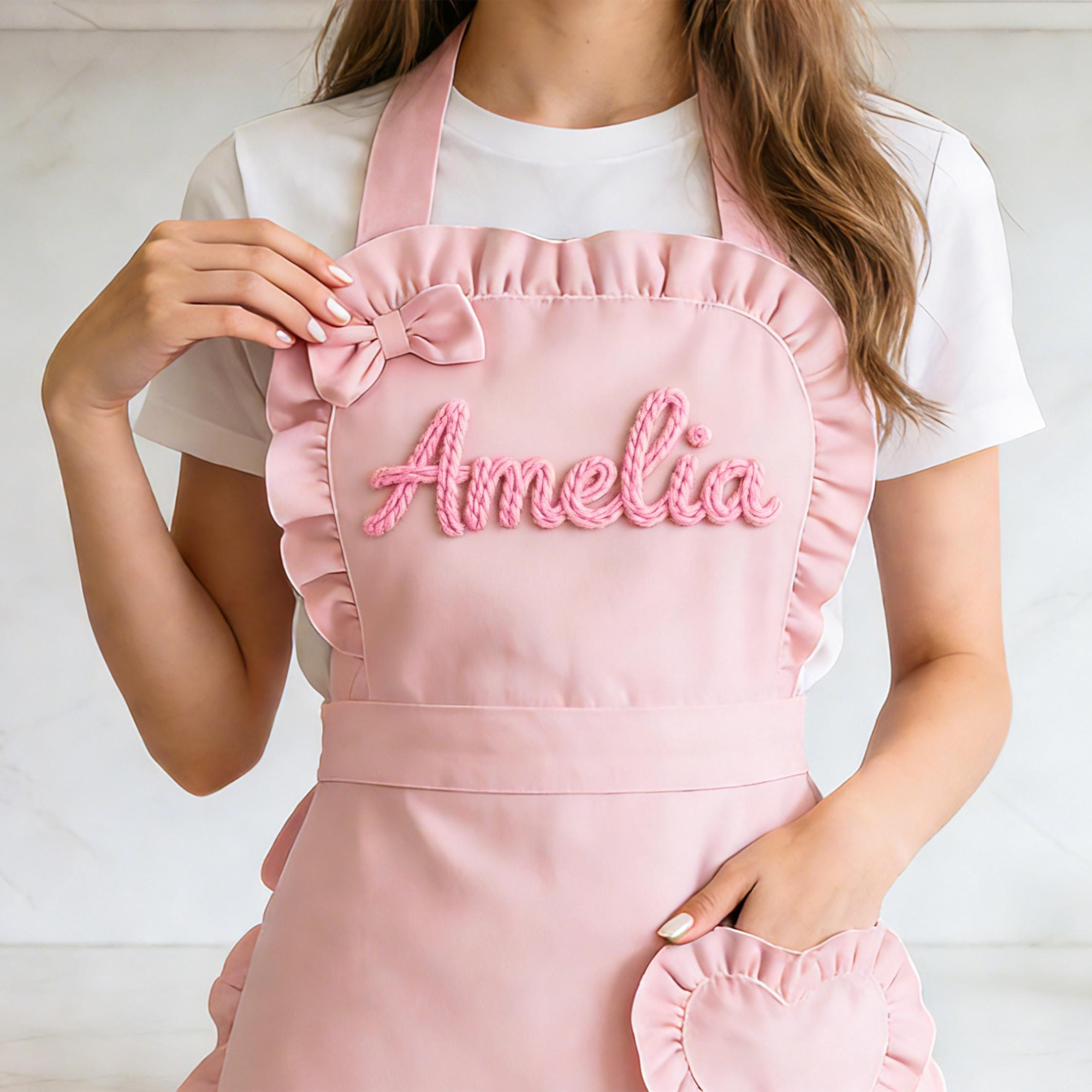 Personalized Hand Embroidered Apron With Ruffled Heart Pocket | JNSCloth63