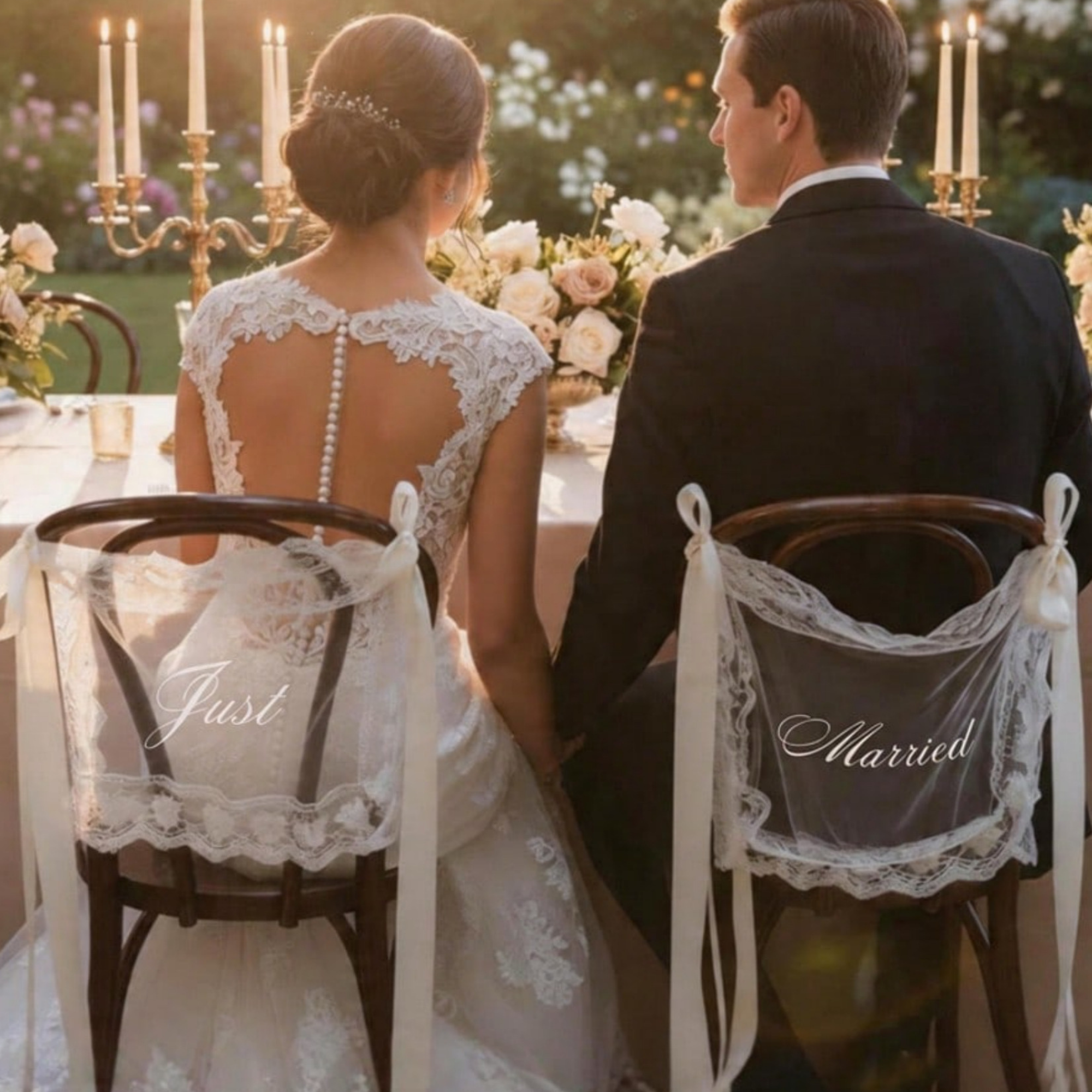 Personalized Just Married Lace Chair Covers Sign for Bride and Groom | JNSDec217
