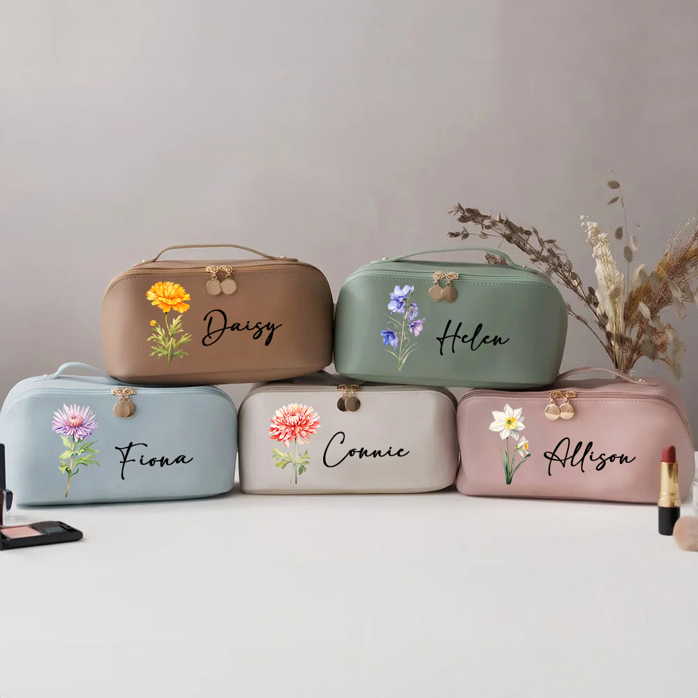 Personalized Birth Flower Leather Makeup Bag for Unique & Love | JNSBag88