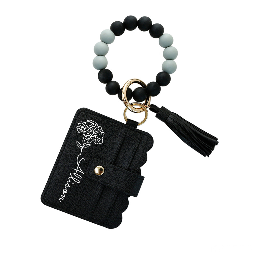Personalized Birth Flower Keychain Leather Wallet with Beaded Bracelet for Unique & Love | JNSBag89