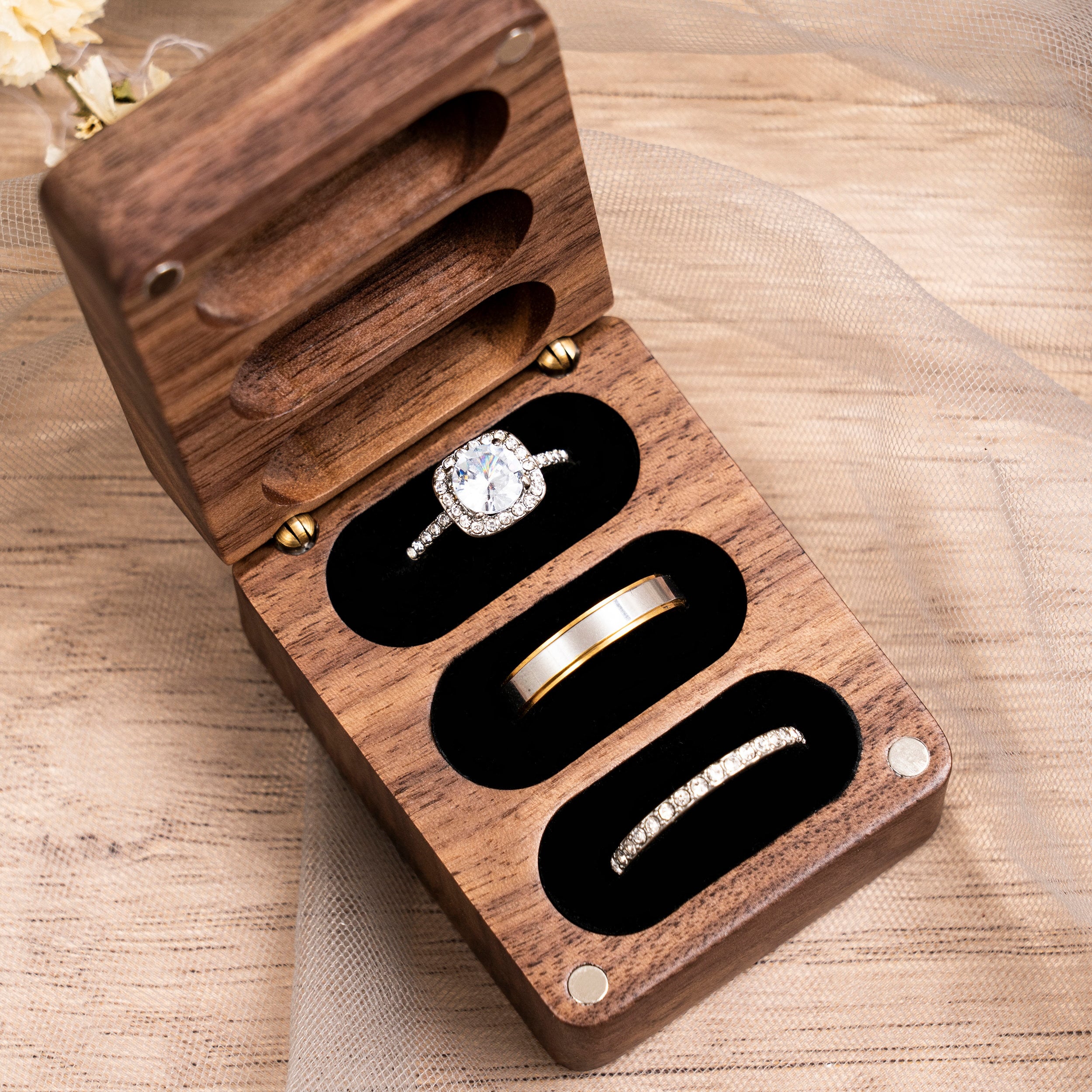 Personalized Triple Slots Wedding Ring Box for Unique & Love | JNSDec39