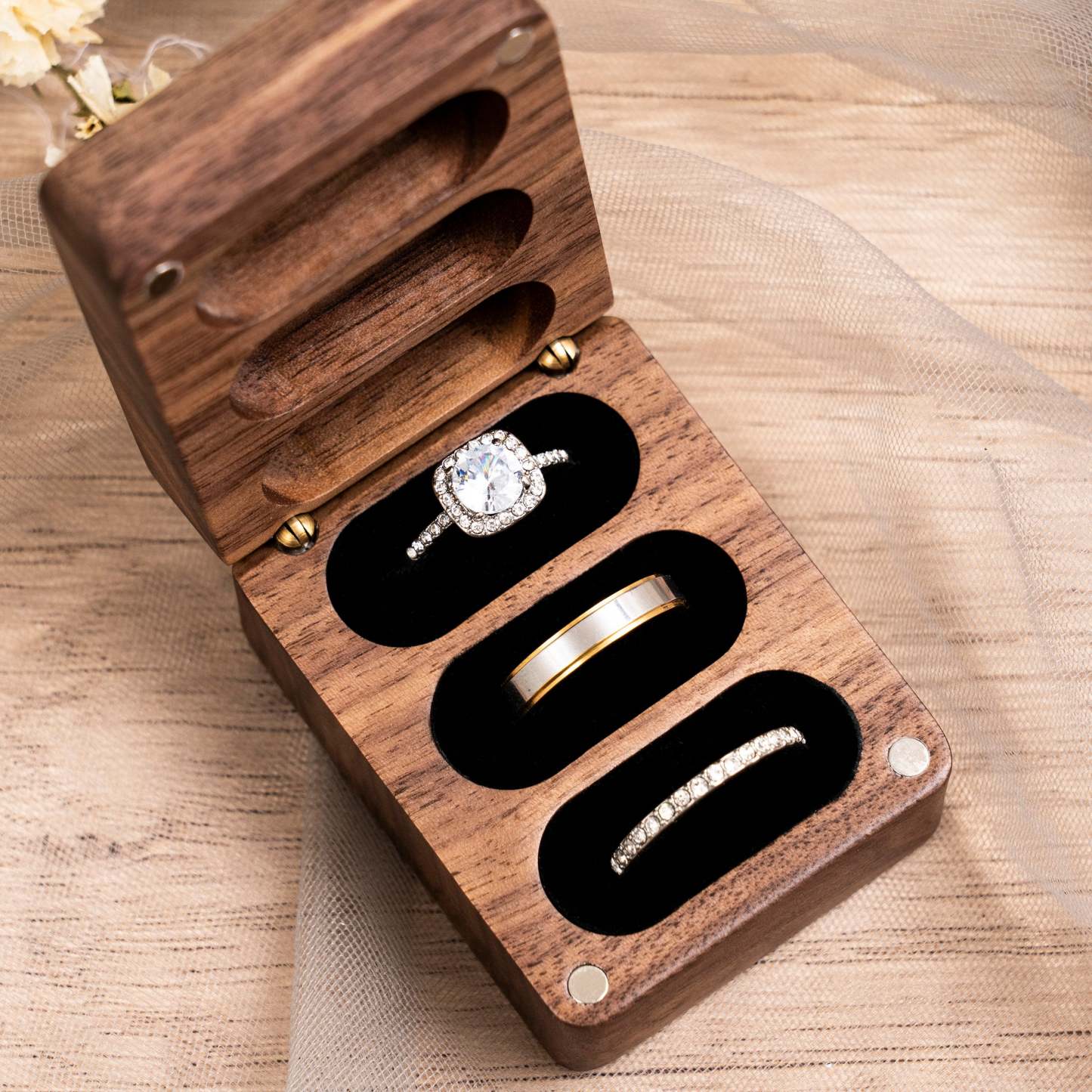 Personalized Triple Slots Wedding Ring Box for Unique & Love | JNSDec39