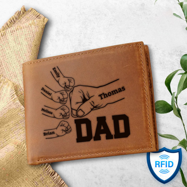 Personalized Fist Bump Dad Kids Name Leather Wallet for Unique & Love | JNSBag91