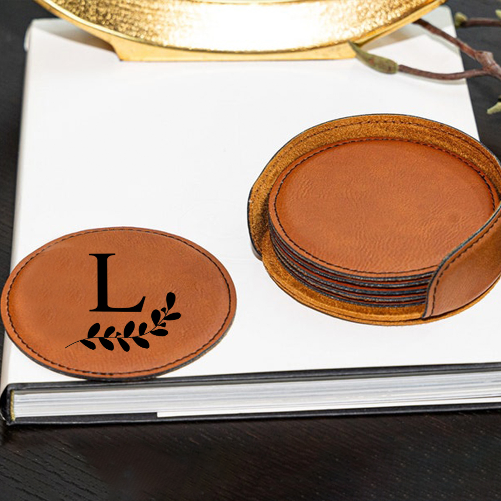 Personalized Leather Coasters Set with Holder | JNSDec106
