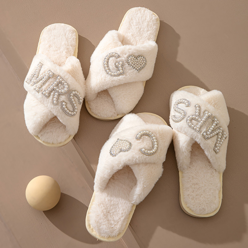 Personalized Bride Gift Pearls Rhinestone Fluffy Slippers for Unique & Love | JNSCloth10