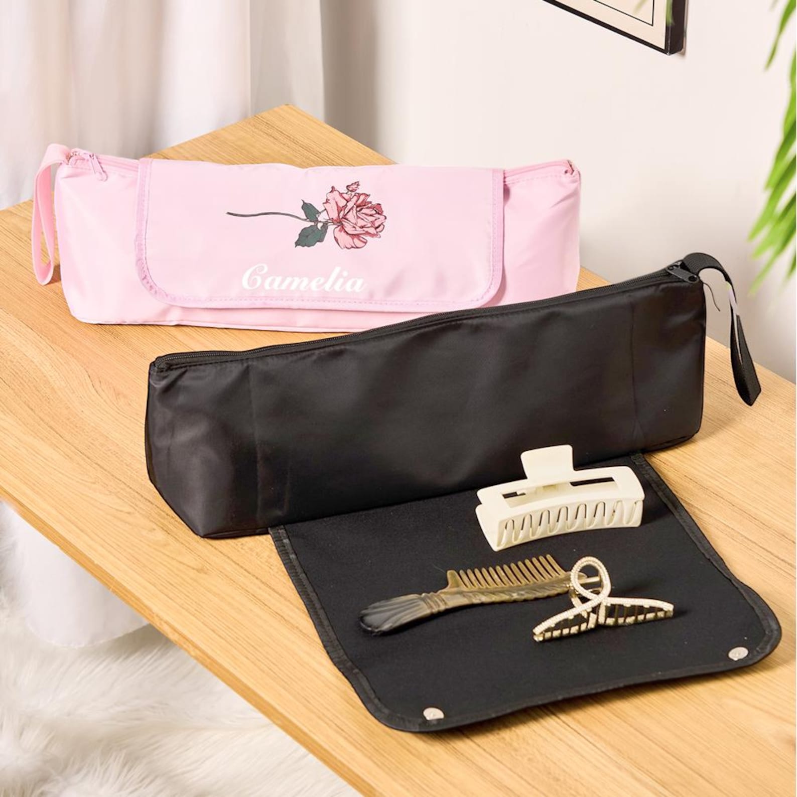 Personalized Birth Flower Hair Tools Portable 2-in-1 Design Travel Bag | JNSBag140