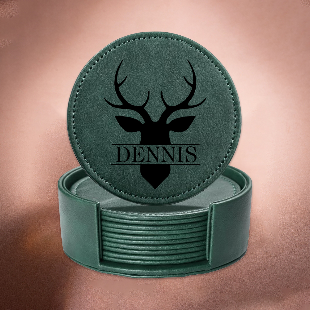 Personalized Leather Coasters Set with Holder | JNSDec106