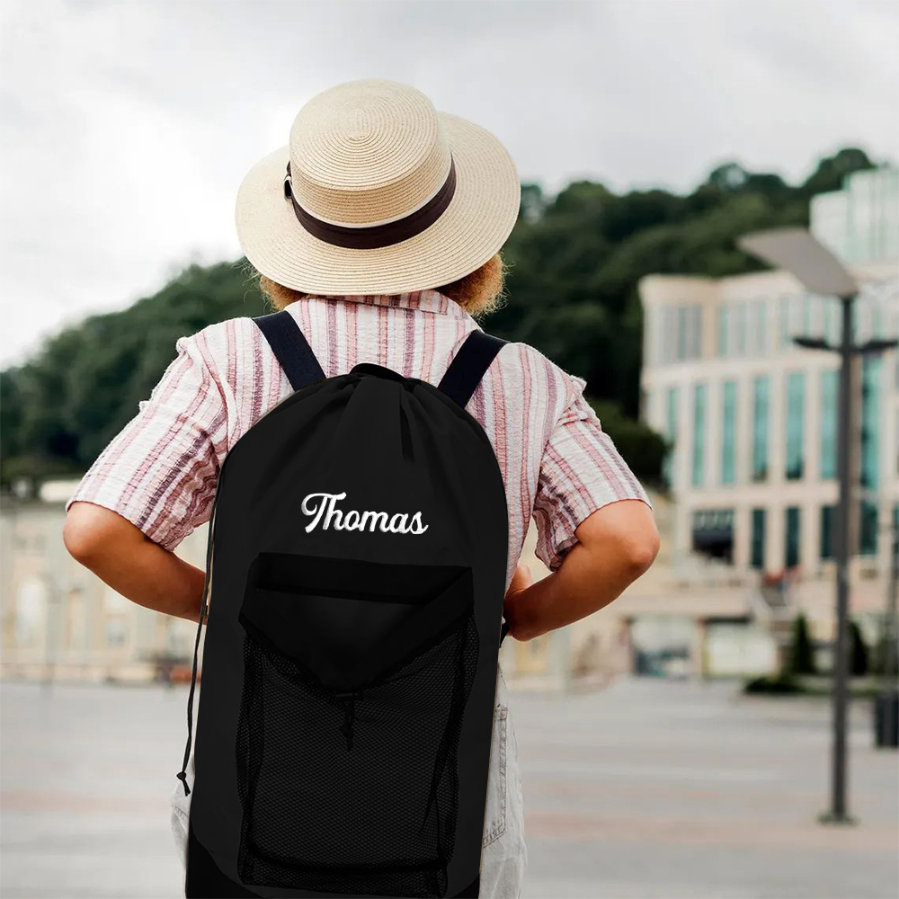 Personalized Name Embroidered Travel Laundry Bag with Shoulder Strap & Mesh Pocket | JNSBag99