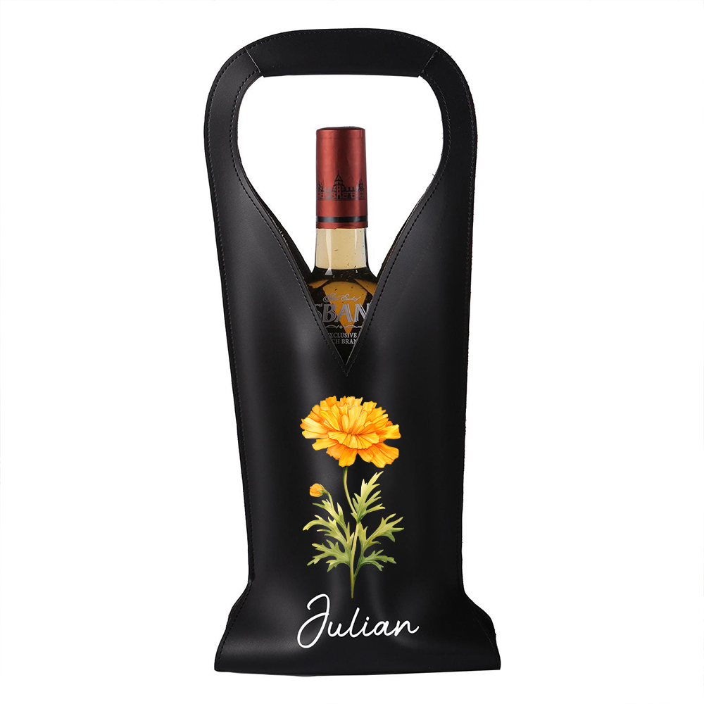 Personalized Leather Birth Flower Wine Tote Bag | JNSBag63