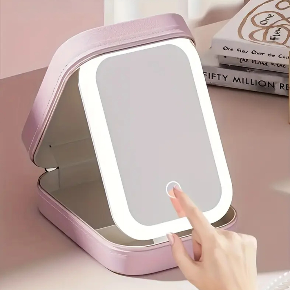 Personalized Birth Flower Leather Travel Jewelry Box with LED Makeup Mirror | JNSBag76