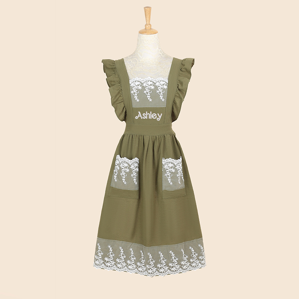 Personalized Name Embroidered Apron with Lace Pockets | JNSCloth43