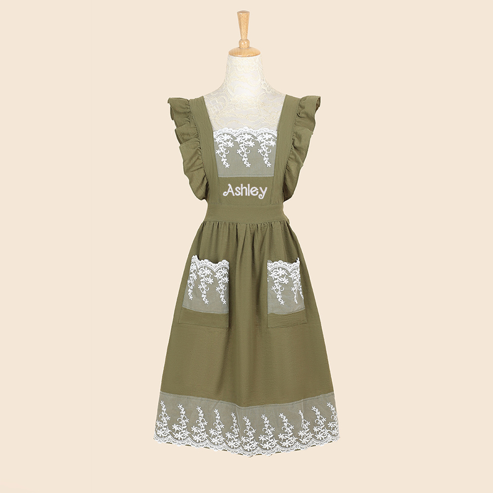 Personalized Name Embroidered Apron with Lace Pockets | JNSCloth43