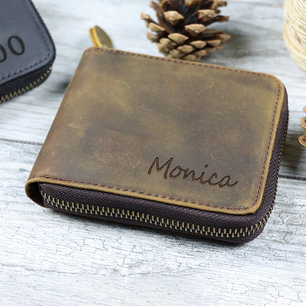 Personalized Monogram Engraving Zipper Genuine Leather Wallet | JNSBag