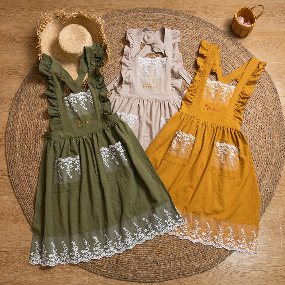 Personalized Name Embroidered Apron with Lace Pockets | JNSCloth43