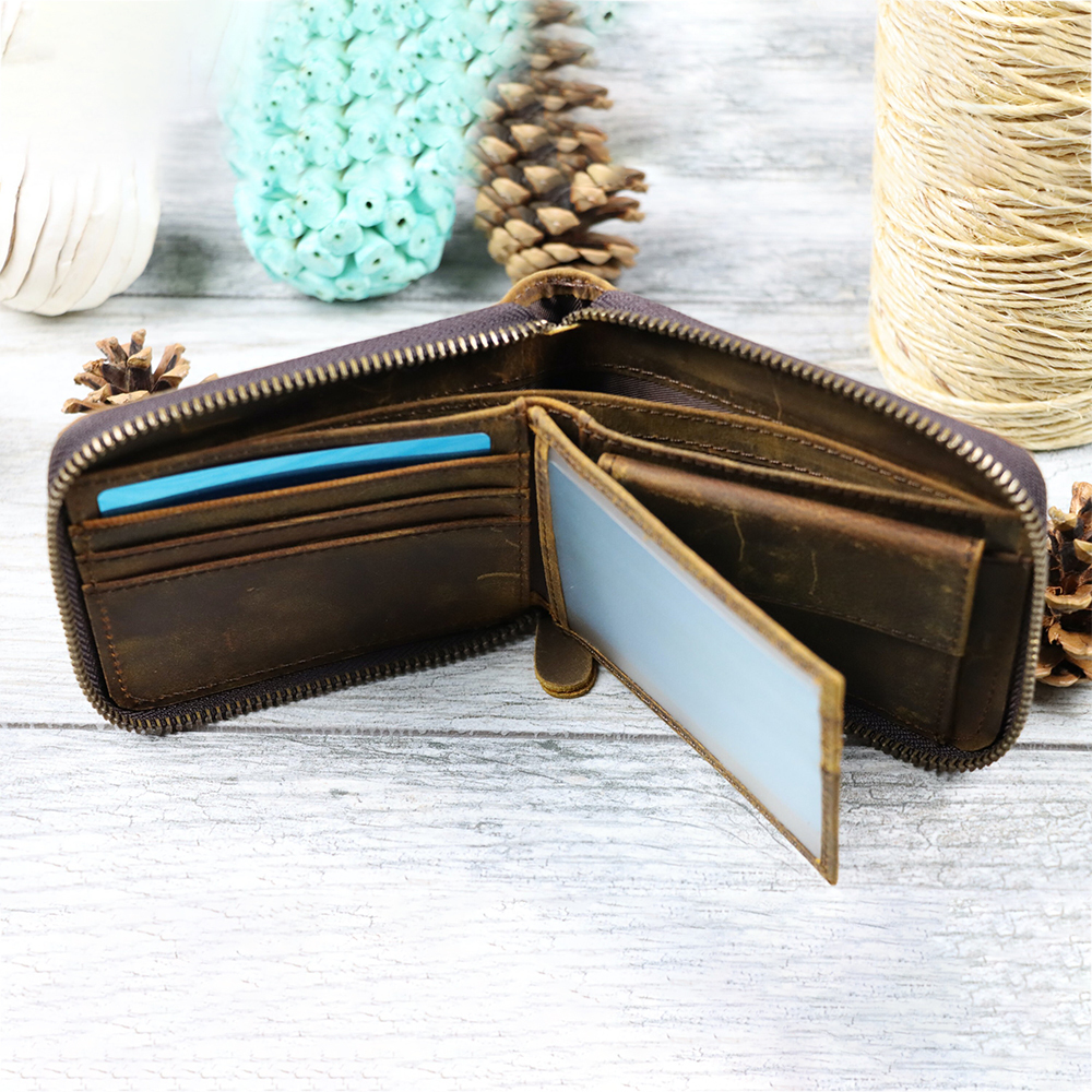 Personalized Monogram Engraving Zipper Genuine Leather Wallet | JNSBag82