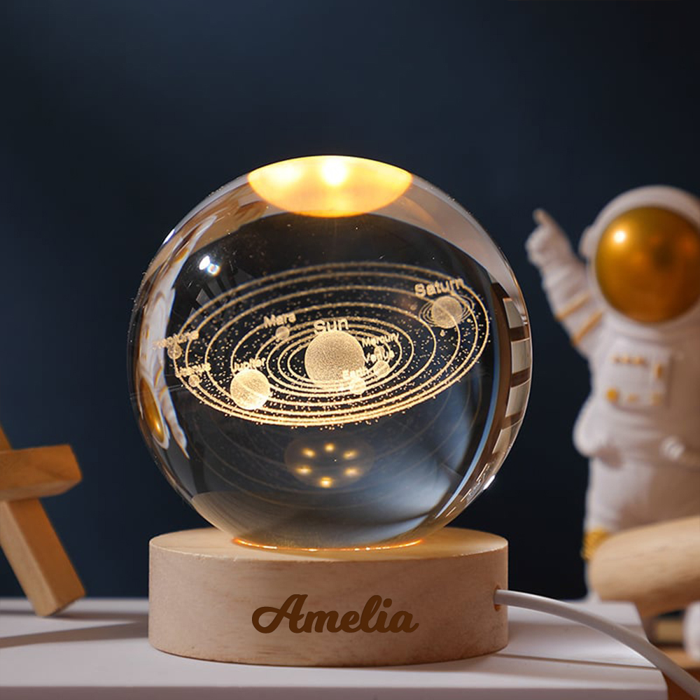 Personalized Engraved 3D Crystal Ball Night Light With Wood Base | JNSDec75