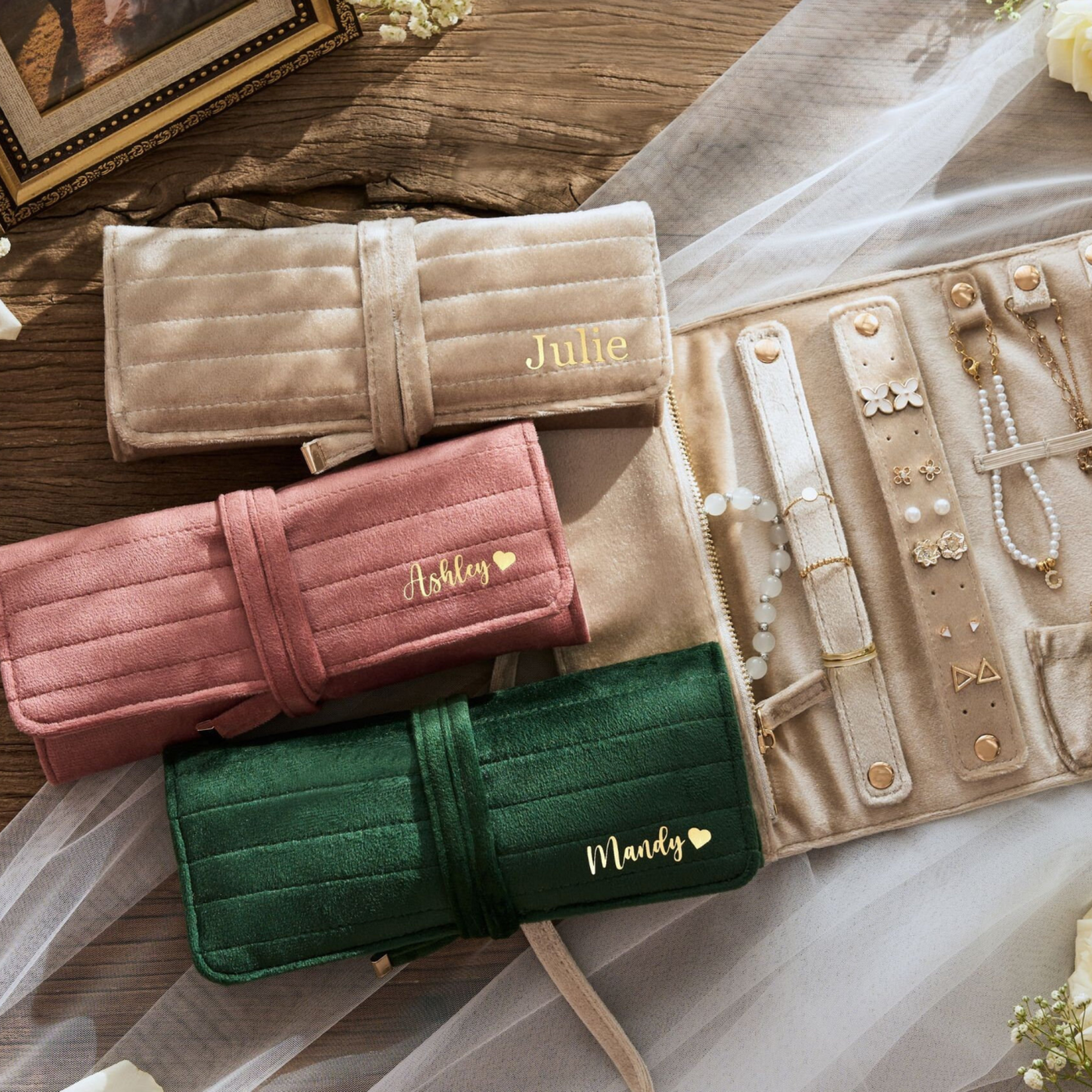 Personalized Monogrammed Velvet Travel Jewelry Rolls | JNSBag77