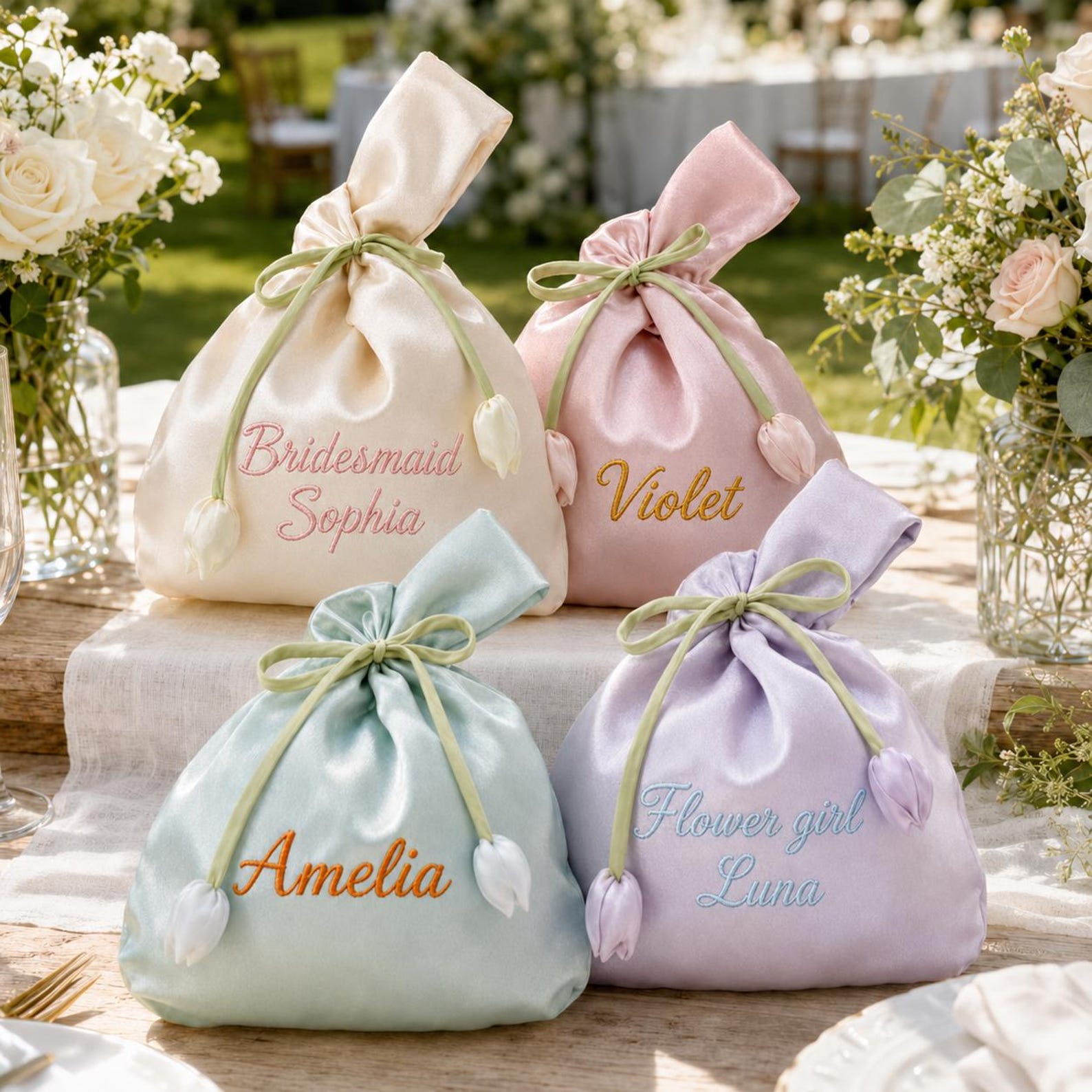 Personalized Name Embroidered Silk Knot Bag With Tulip Accent Satin Wristlet | JNSBag148