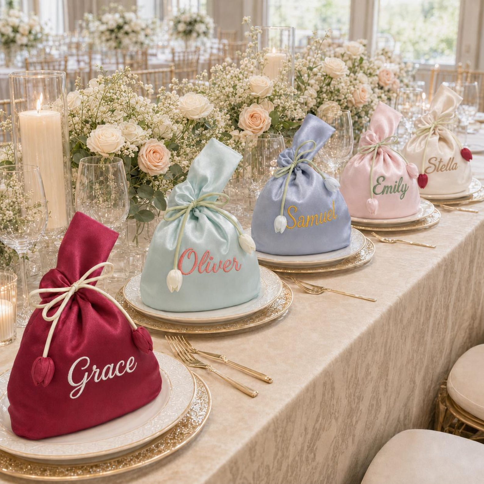Personalized Name Embroidered Silk Knot Bag With Tulip Accent Satin Wristlet | JNSBag148