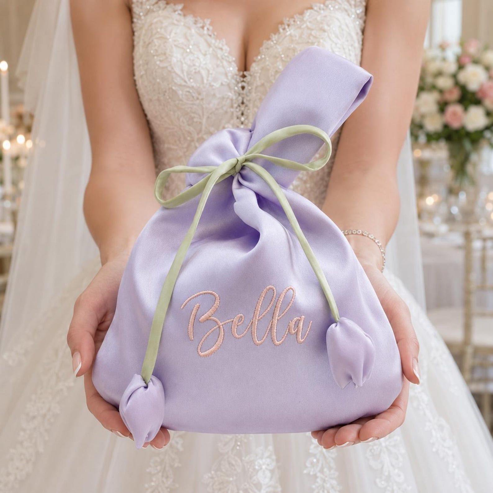 Personalized Name Embroidered Silk Knot Bag With Tulip Accent Satin Wristlet | JNSBag148