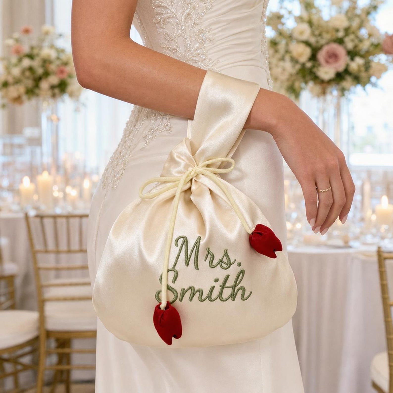 Personalized Name Embroidered Silk Knot Bag With Tulip Accent Satin Wristlet | JNSBag148