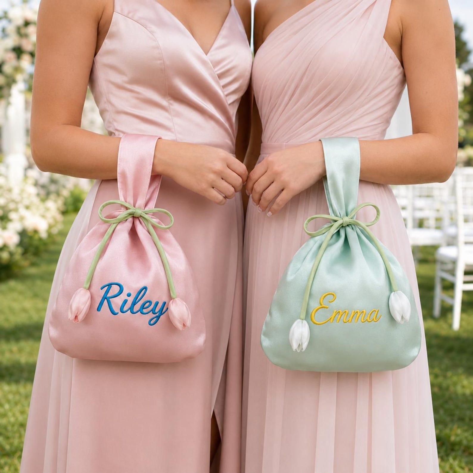Personalized Name Embroidered Silk Knot Bag With Tulip Accent Satin Wristlet | JNSBag148