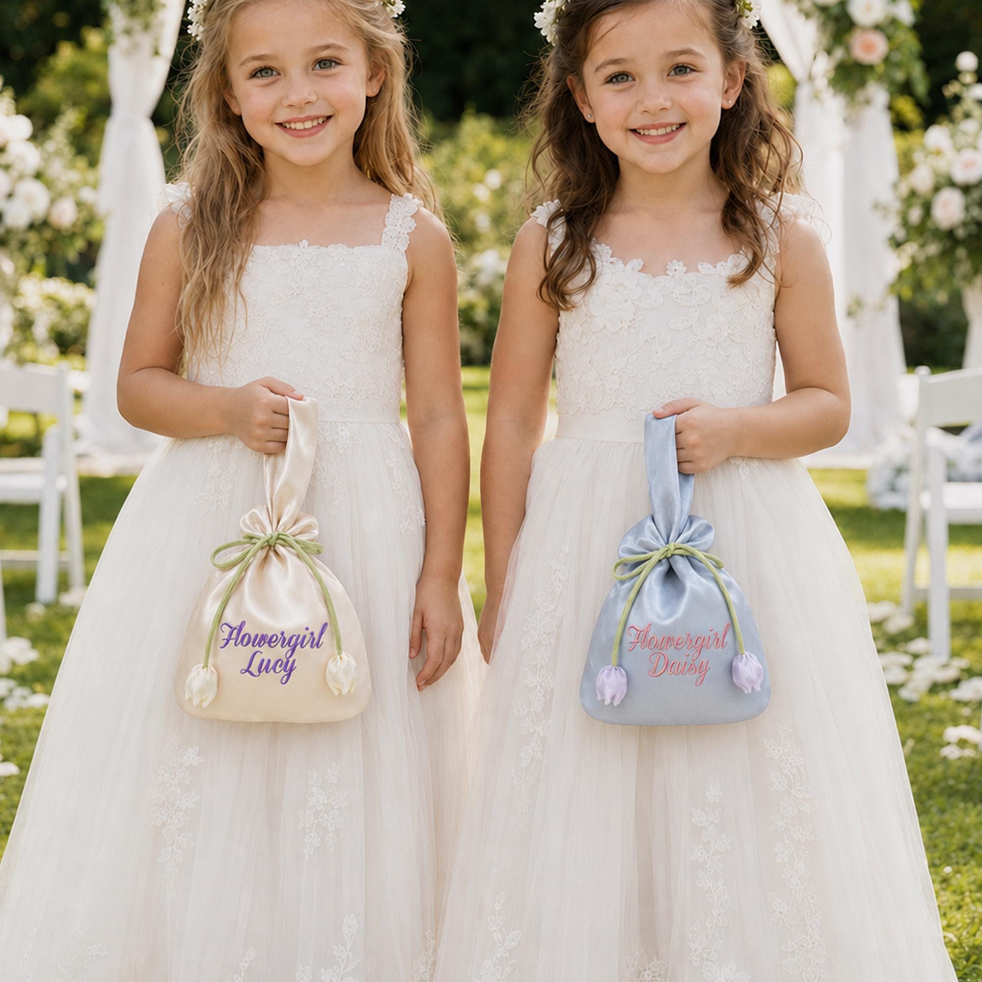 Personalized Name Embroidered Silk Knot Bag With Tulip Accent Satin Wristlet | JNSBag148
