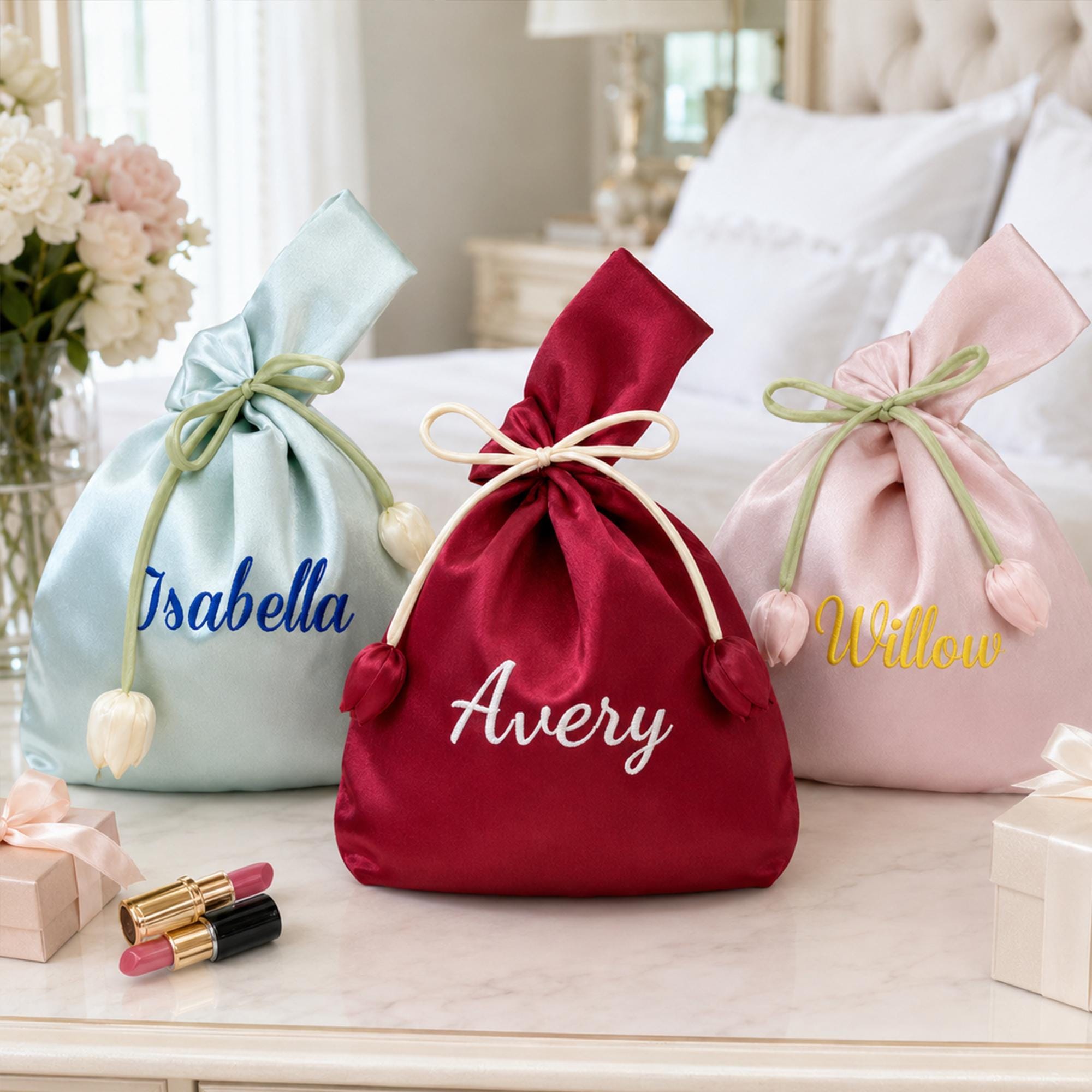 Personalized Name Embroidered Silk Knot Bag With Tulip Accent Satin Wristlet | JNSBag148