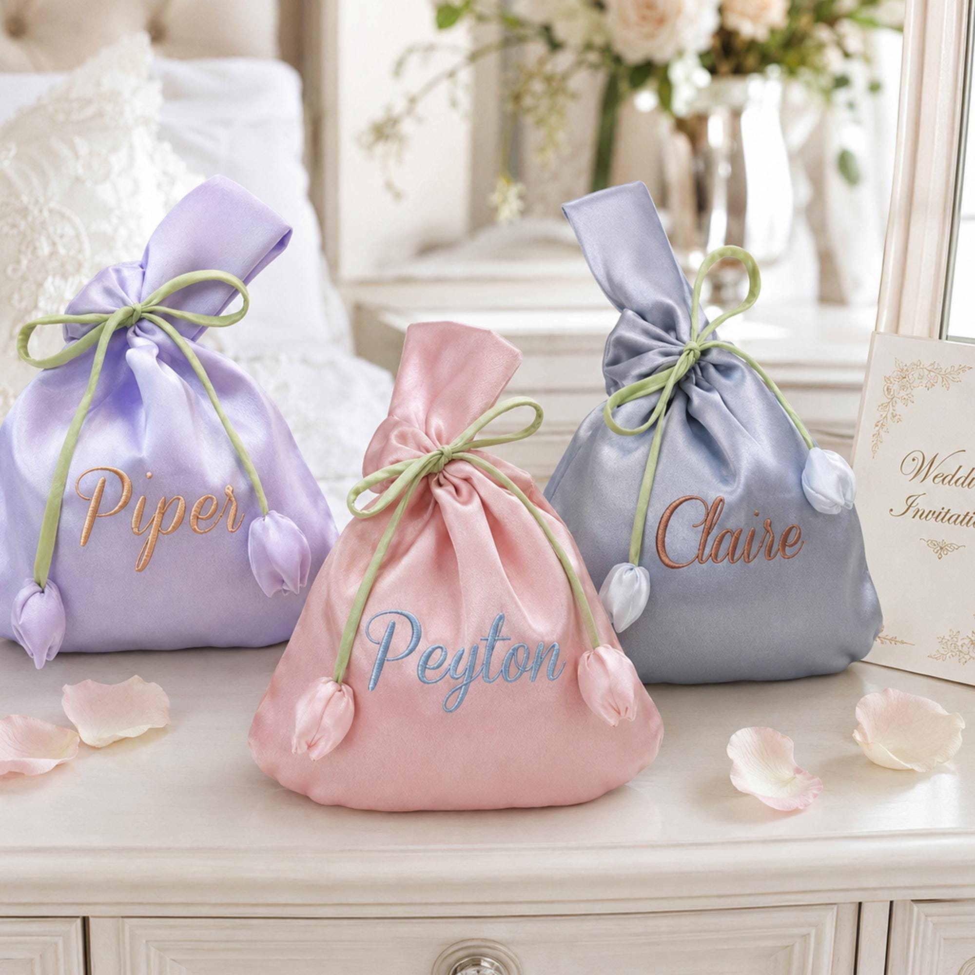 Personalized Name Embroidered Silk Knot Bag With Tulip Accent Satin Wristlet | JNSBag148