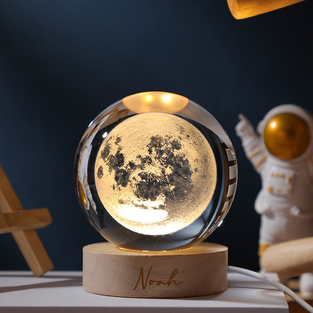 Personalized Engraved 3D Crystal Ball Night Light With Wood Base | JNSDec75