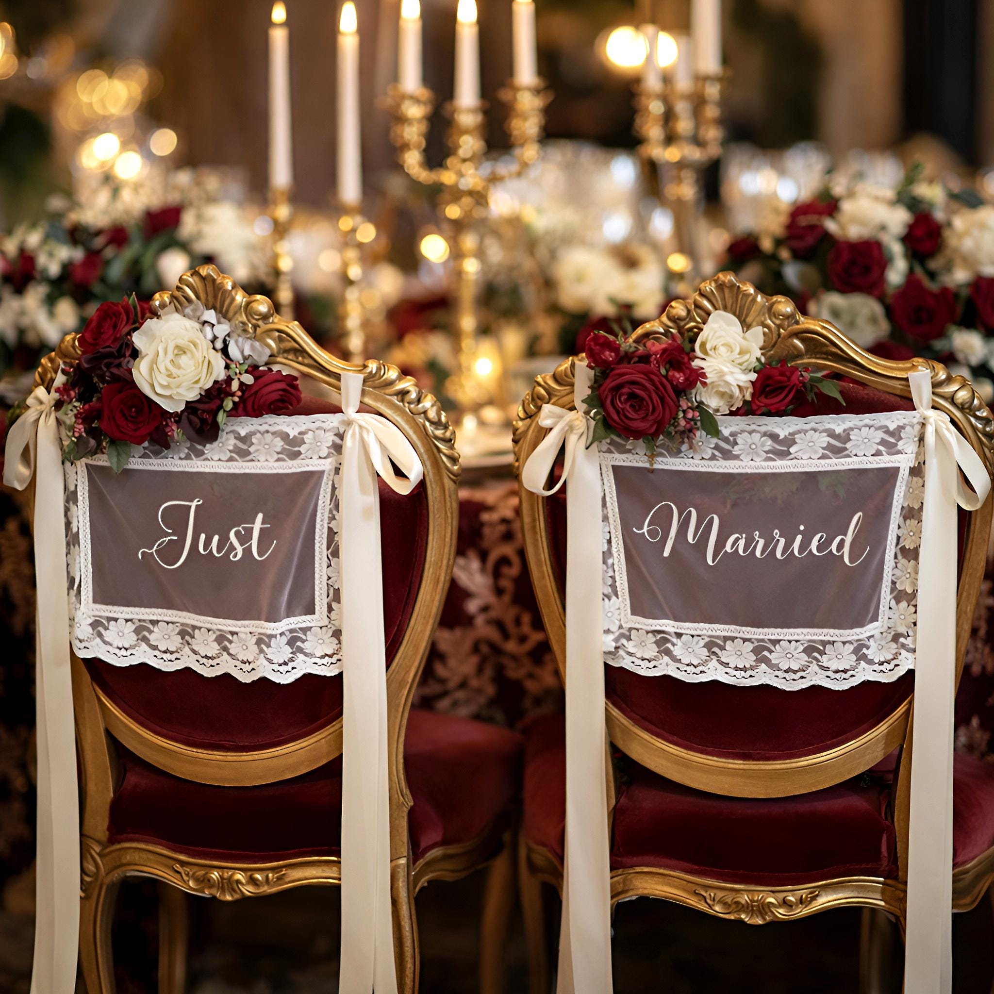 Personalized Just Married Lace Chair Covers Sign for Bride and Groom | JNSDec217