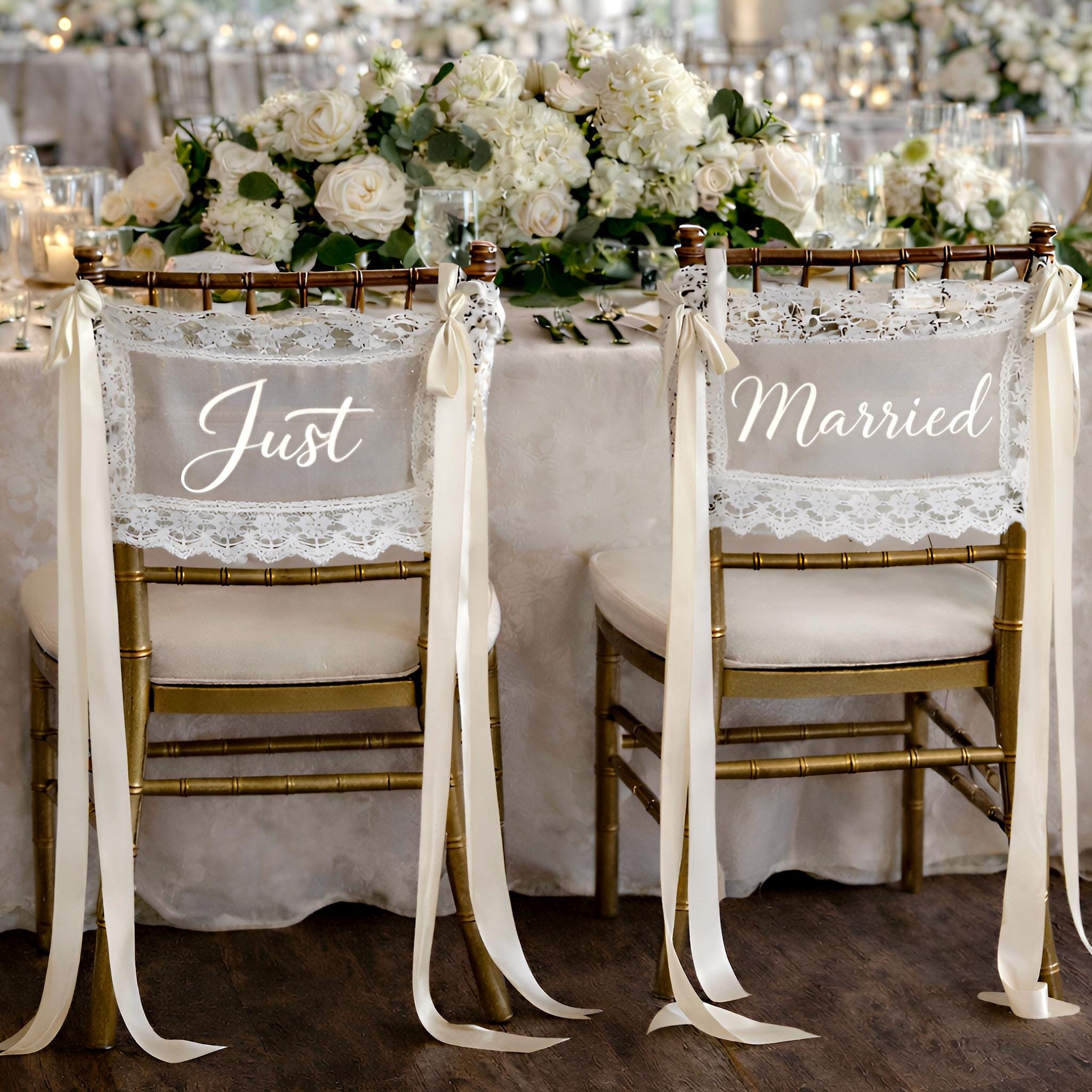 Personalized Just Married Lace Chair Covers Sign for Bride and Groom | JNSDec217