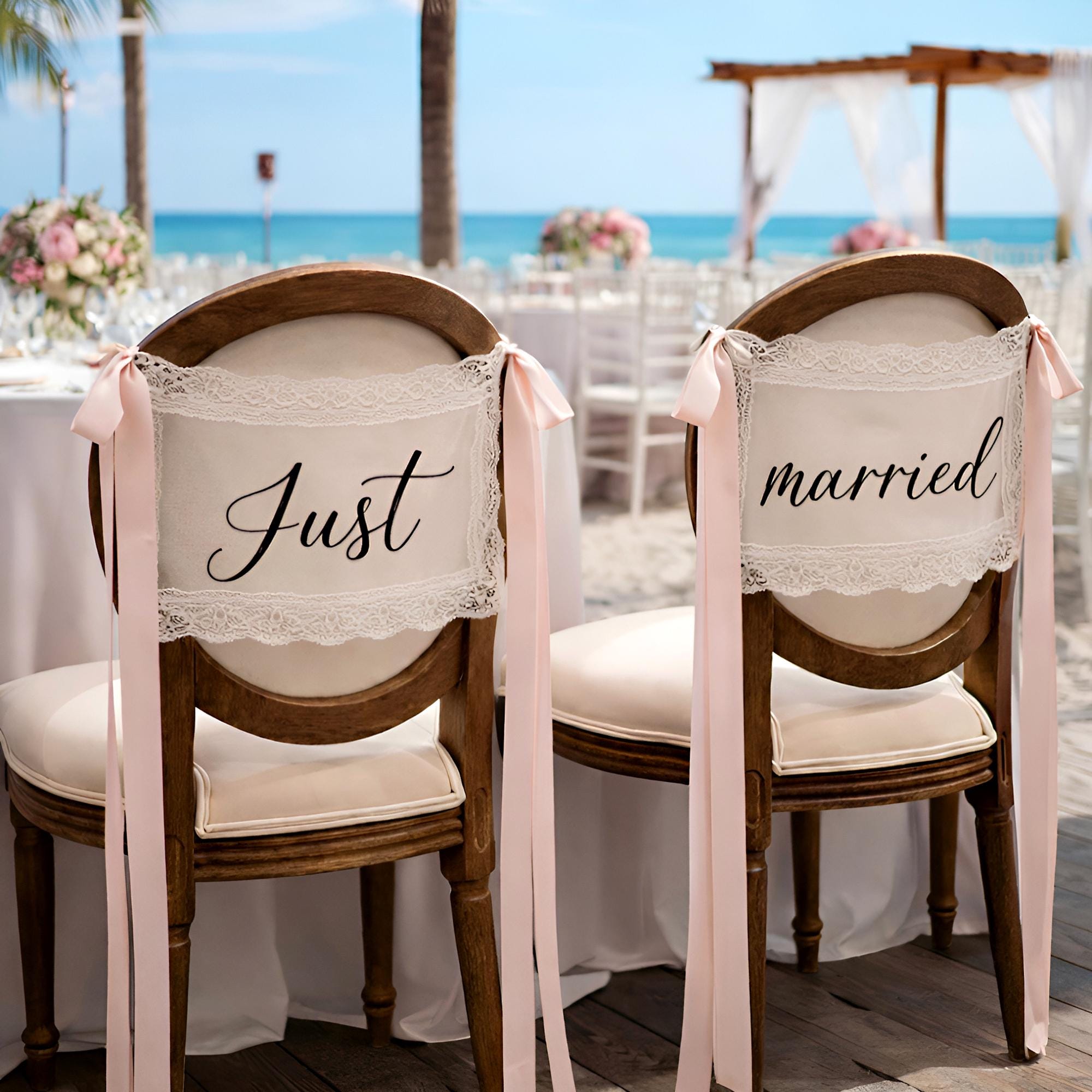Personalized Just Married Lace Chair Covers Sign for Bride and Groom | JNSDec217