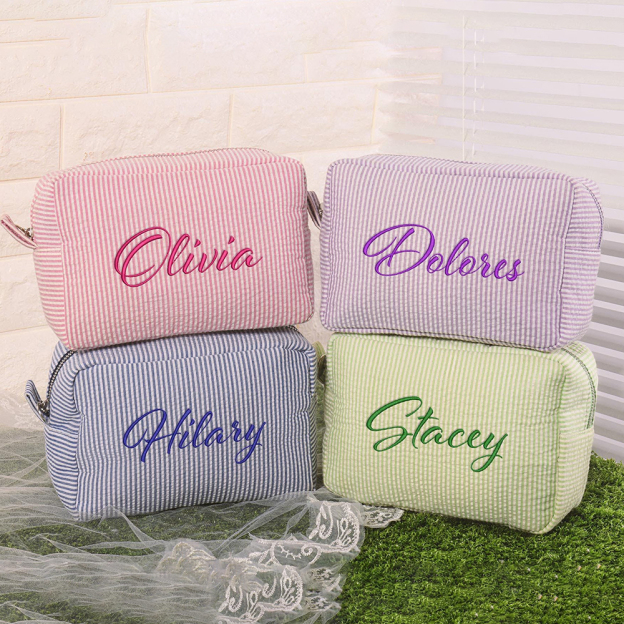 Personalized Embroidered Seersucker Cosmetic Bag | JNSBag67