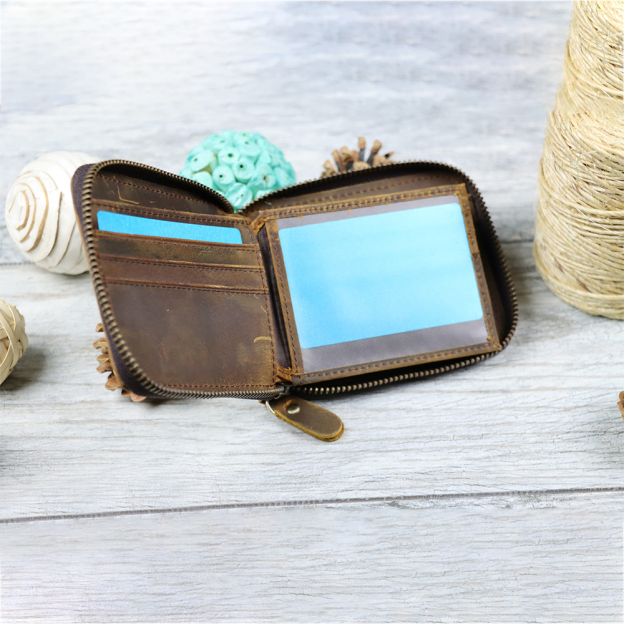 Personalized Monogram Engraving Zipper Genuine Leather Wallet | JNSBag82