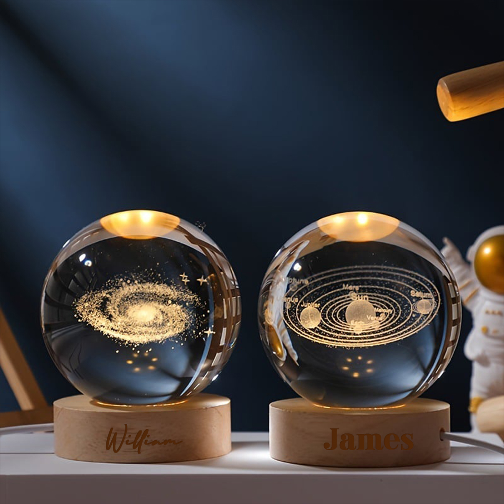 Personalized Engraved 3D Crystal Ball Night Light With Wood Base | JNSDec75