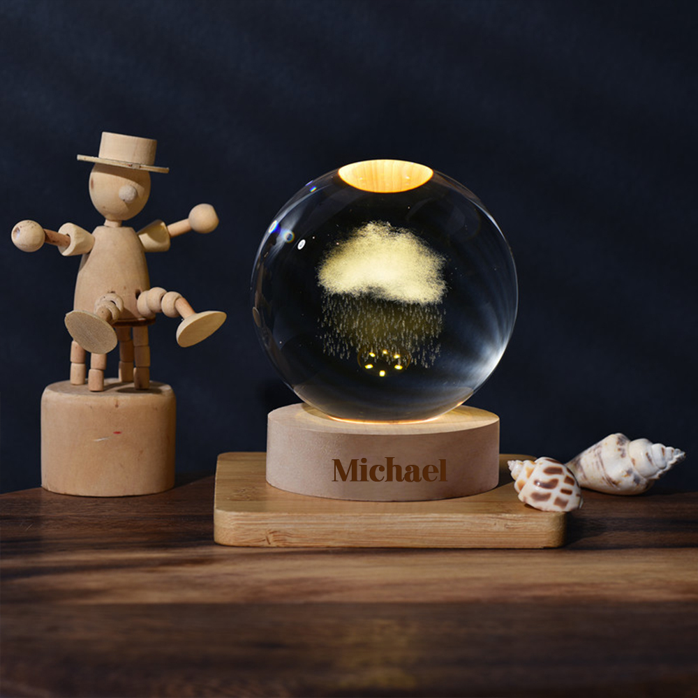 Personalized Engraved 3D Crystal Ball Night Light With Wood Base | JNSDec75